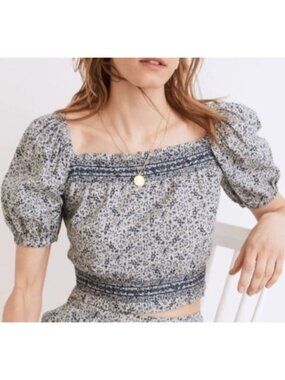 Madewell Jeannette Cropped Top XS Blue Floral New WOT Puff Sleeve Back Buttons
